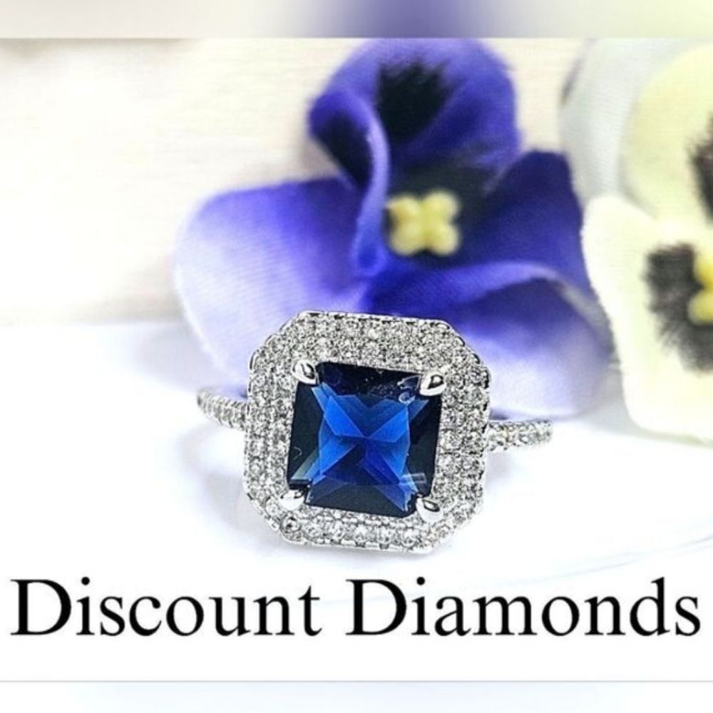3.75 Ct. Deep Blue Sapphire & Clear White Zircon Cocktail Ring 925 Silver 
